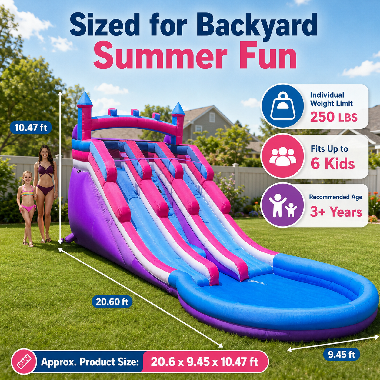 20FT Inflatable Kids Water Slide with Dual Lanes, Climbing Wall & Splash Pool – Backyard Fun for Kids, Fits Up to 6 Children (Purple & Pink)