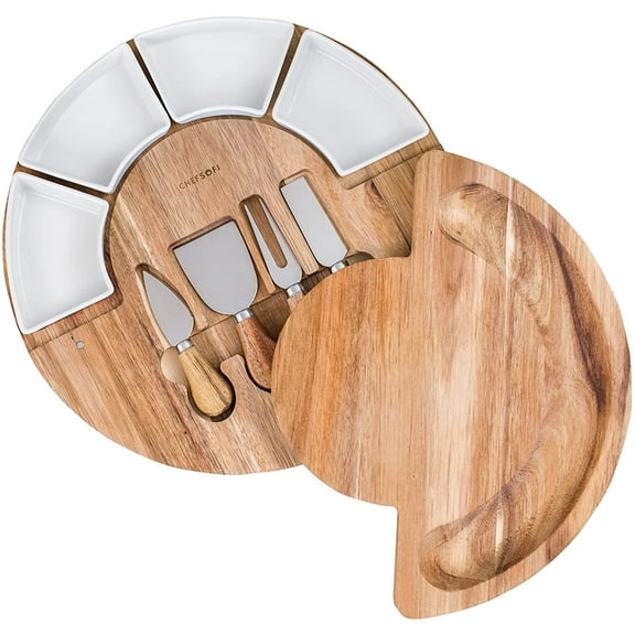 Cheese Board Set - Charcuterie Board Set and Cheese Serving Platter. US Patented 13 inch Meat/Cheese Cutting Board and Knife Set for Entertaining and Serving - 4 Knives and 4 Bowls Serv