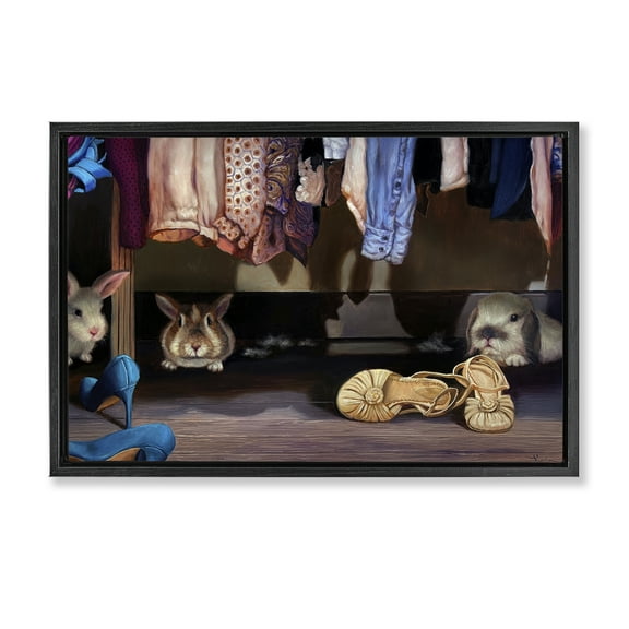 Stupell Industries Bunnies Under Closet View Animals Painting Black Floater Framed Canvas Art Print Wall Art, 25 x 17