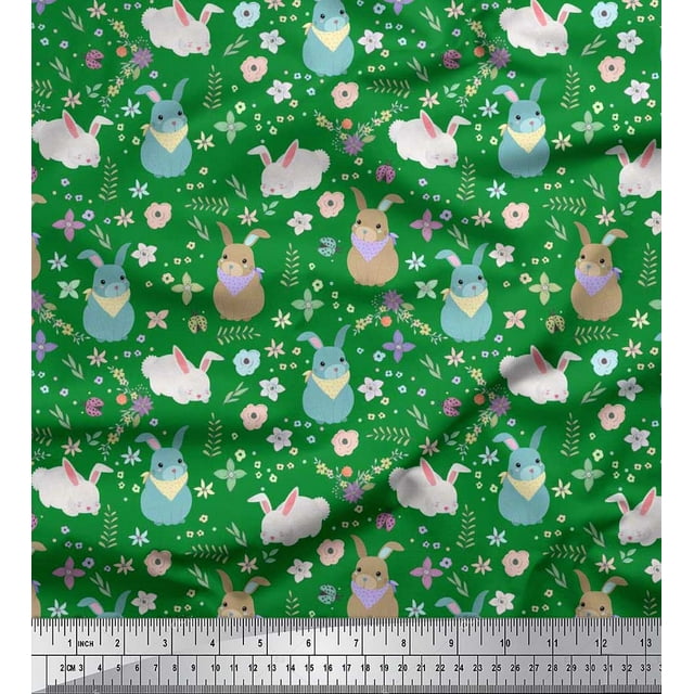 Soimoi Tissu en Cambric de Coton à Imprimé Floral et Rabbit pour Enfants, Tissu au Mètre, 42 Pouces de Large