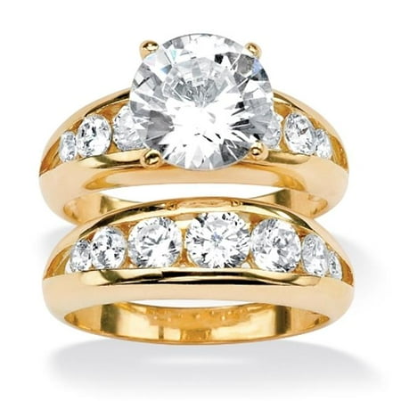 PalmBeach Jewelry 482367 6.09 TCW Cubic Zirconia 18k Gold Over Sterling Silver Bridal Engagement Wedding Band Set - Size 7