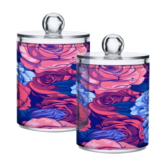 Ryvnso 2 Pack Qtip Holder Organizer Blue and Red Roses Flower Bathroom Cotton Swabs Cans Storage Canister