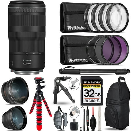 Canon RF 100-400mm f/5.6-8 IS USM Lens - 3 Lens Kit   Tripod   Backpack - 32GB Accessory Bundle (International Version)