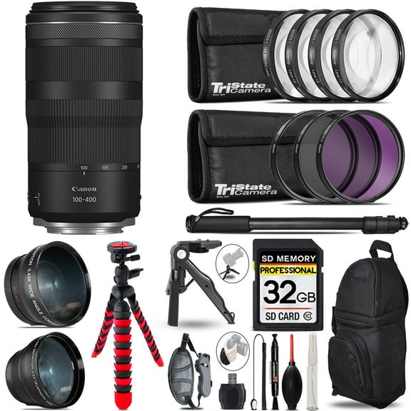 Canon RF 100-400mm f/5.6-8 IS USM Lens - 3 Lens Kit   Tripod   Backpack - 32GB Accessory Bundle (International Version)