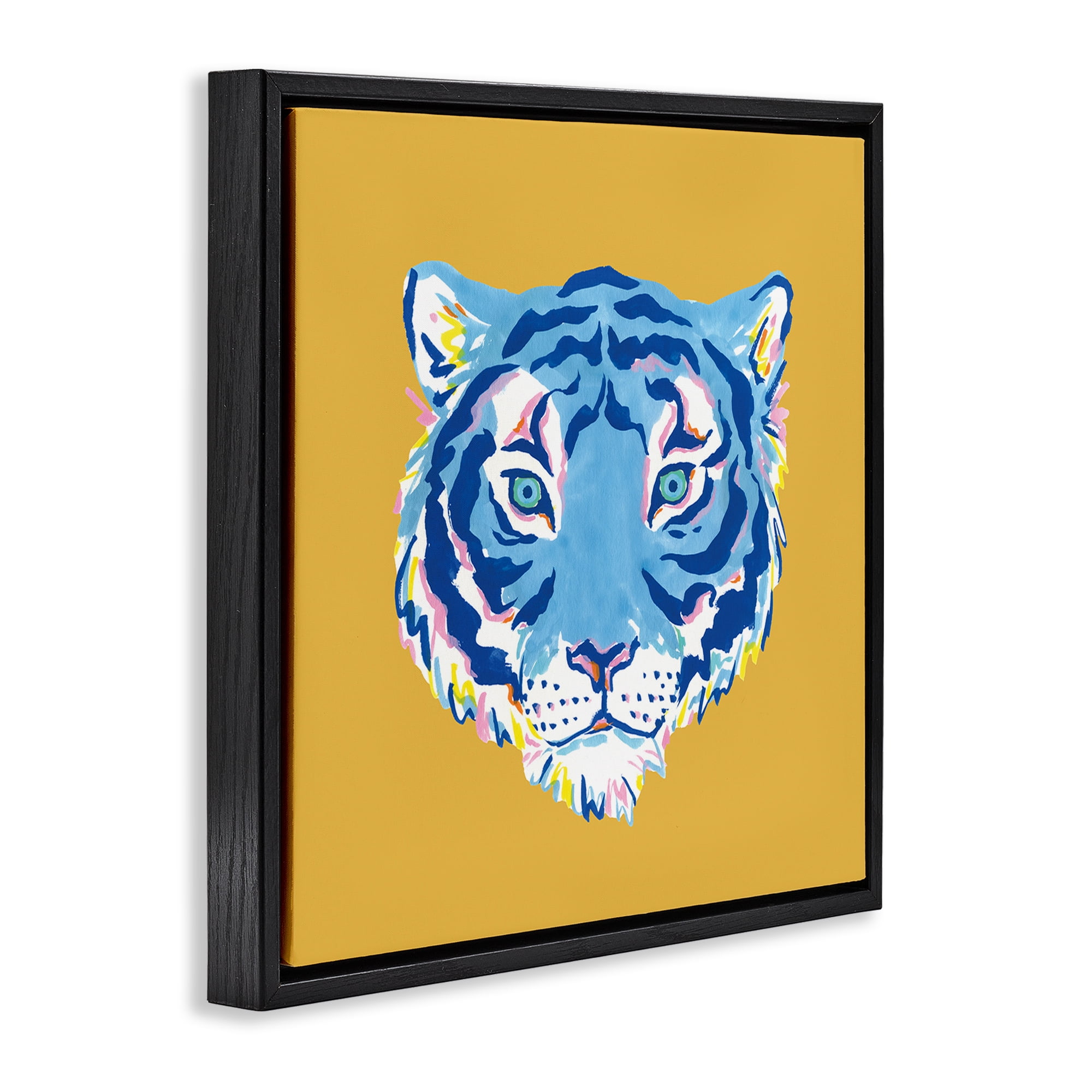 Stupell Industries Blue Tiger over Yellow Black Framed Floater Canvas Wall Art, design by Karolina Sato