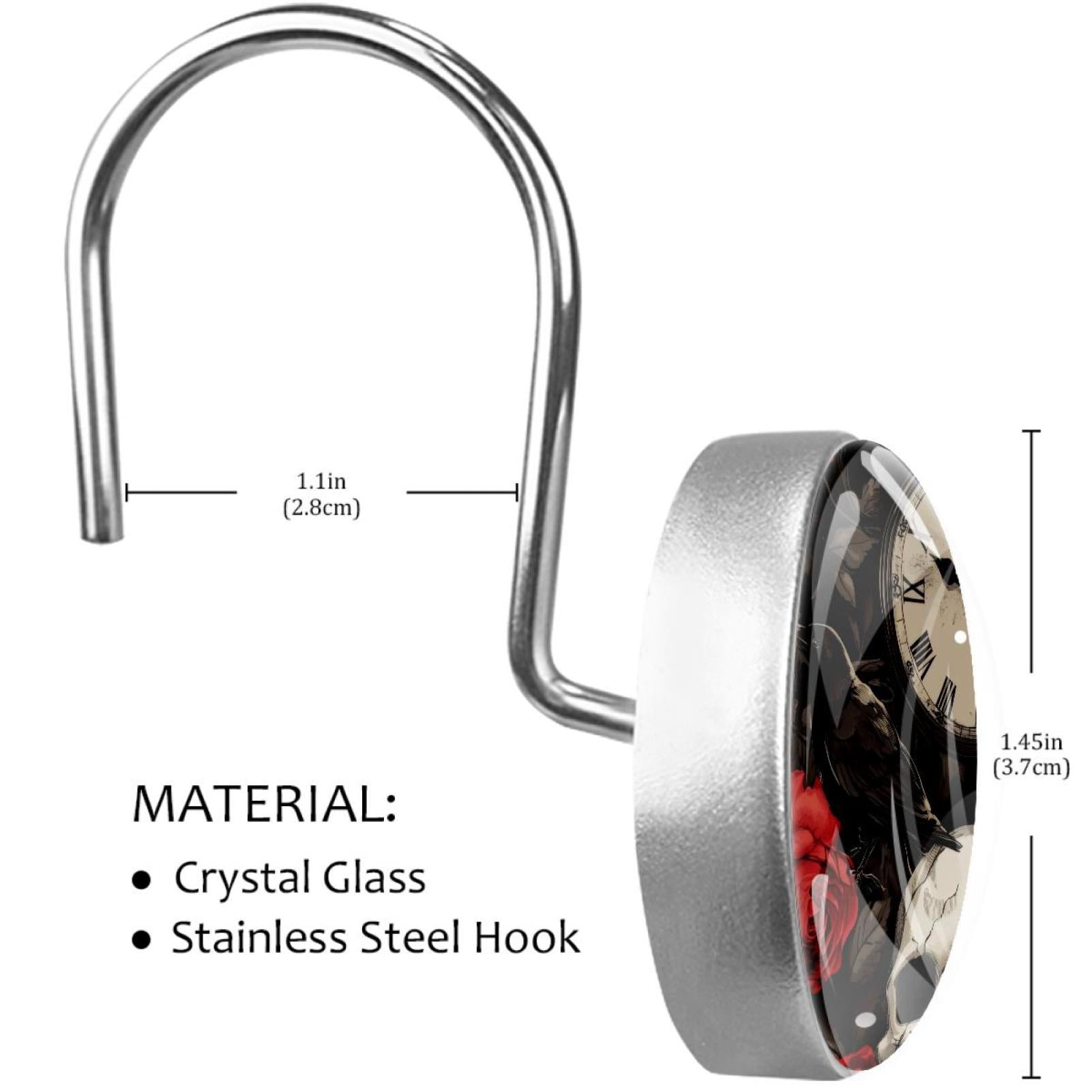 Skull Black Crow Red Roses Shower Curtain Hooks Round Crystal Glass, Set of 12 Shower Curtain Rings - Shower Hooks for Curtain Shower Rings