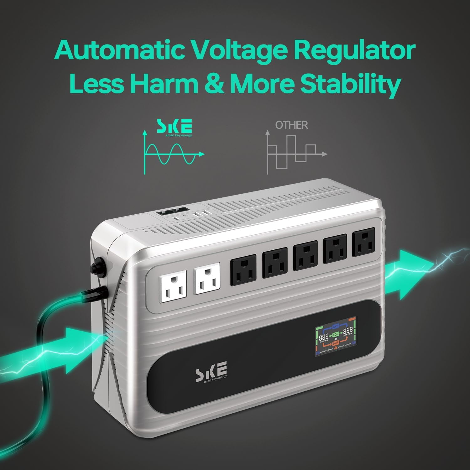 UPS Battery Backup and Surge Protector 7 Outlets, LCD Display Uninterruptible Power Supply for Computer