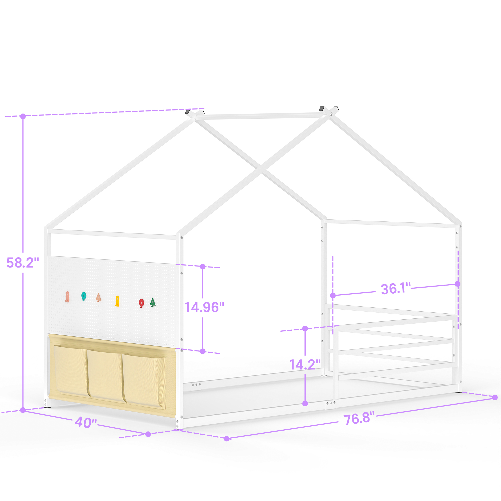 Yoneston Twin Floor Montessori Bed with Storage Caddy & Pegboard, House Shape Metal Floor Bed with Guardrails for Toddlers Kids Boys Girls, White