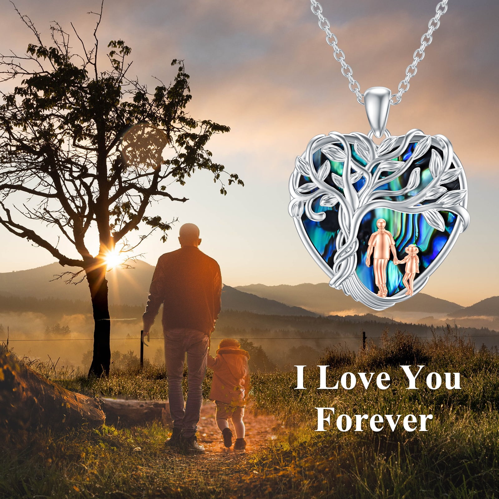 WINNICACA S925 Sterling Silver Tree of Life Father Daughter Necklace Heart Pendant Necklace Abalone Shell Jewelry Birthday Anniversary Valentines Mothers Day Gifts for Women