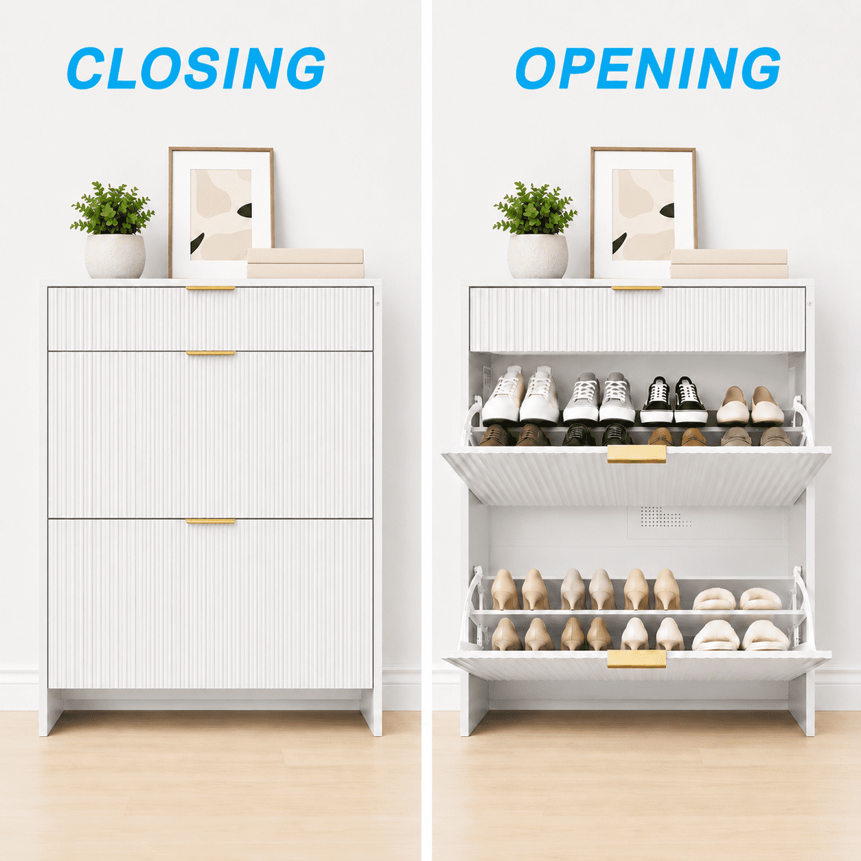 Fluted Flip Drawer Shoe Cabinet 31.5x11.8x43.3 Inch Natural Wood for Entryway Hallway
