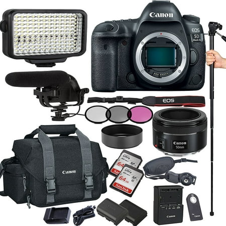 Image of Canon EOS 5D Mark IV 30.4 MP CMOS DSLR Camera with EF 50mm F/1.8 STM Prime Lens Filters Lens Hood Monopod 128GB Memory Led Video Light Microphone Canon Case Extra Battery & Charger