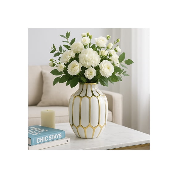 Elegant Ceramic Vase for Living Room Decor and Home Decor Accent - Modern Decorative Flower Vase for Room, Bedroom, or Office Desk - Designed for House and Table Decor - 8", White & Gold