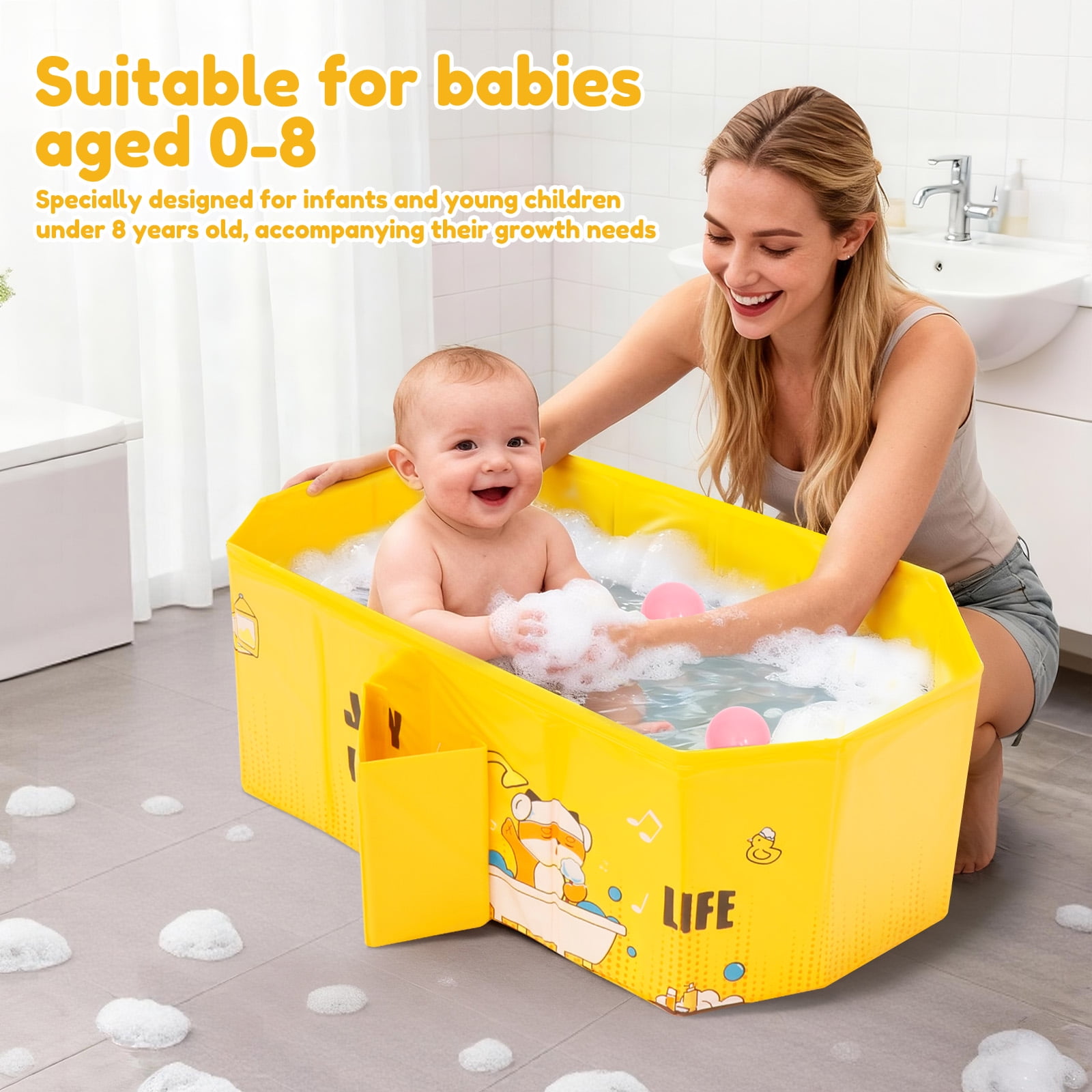 Austok Foldable Bathtub for Children Multifunctional Portable Bath Tub Large Toddler Bath for Age 0-8 All in One Design with Drain Plug