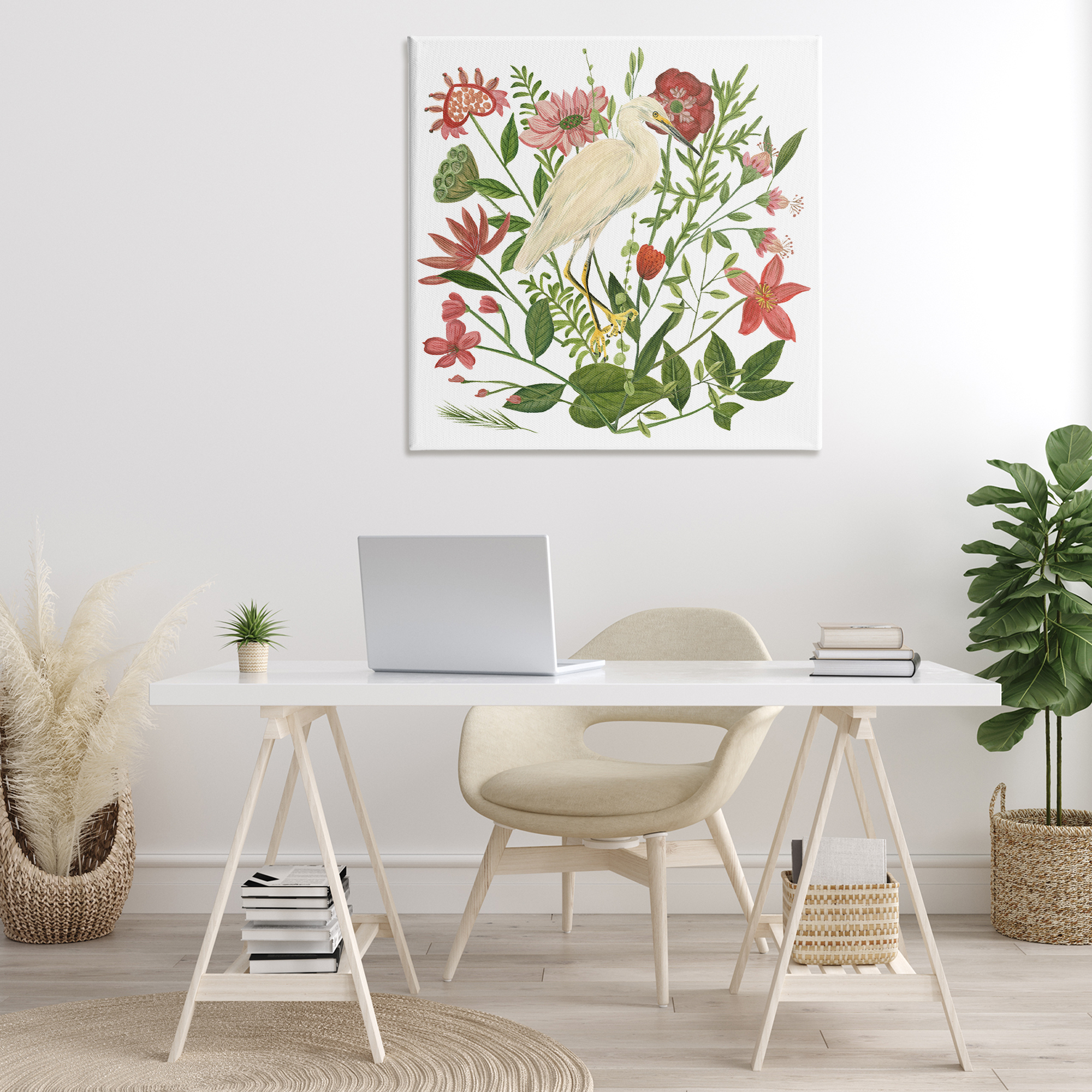 Stupell Industries Nautical Flowers & Egret Landscape Painting Gallery Wrapped Canvas Art Print Wall Art, 36 x 36