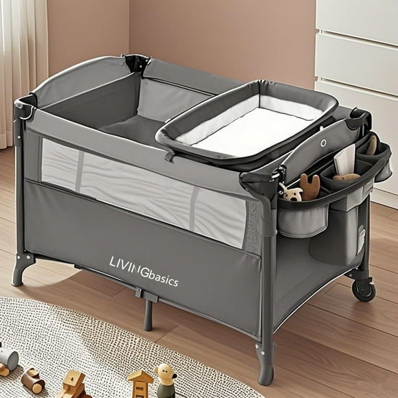 3 in 1 Baby Playard with Bassinet and Diaper Changing Table, Foldable Play Yard with Side Door Design for Home Travel Outdoor