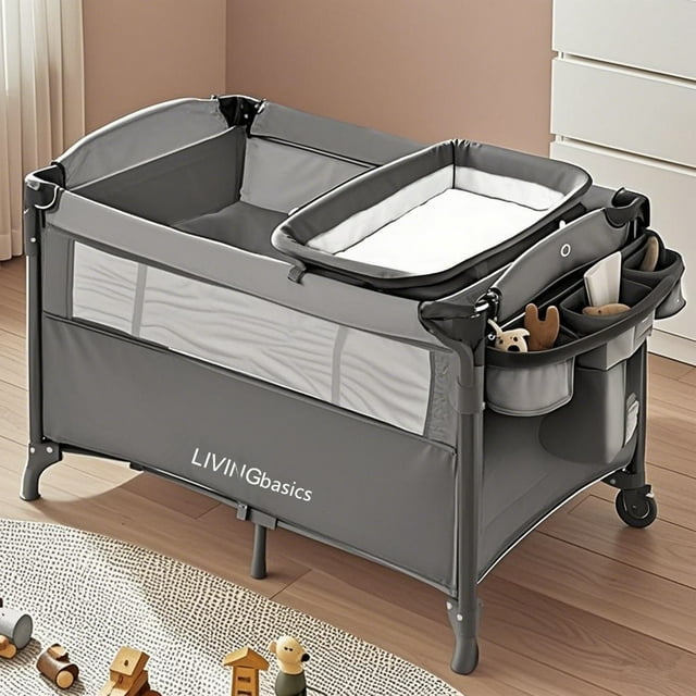 4 in 1 Foldable Baby Bassinet Beside Sleeper, Large Baby Playard Beside Crib with Diaper Changing Table and Side Door Design, Grey