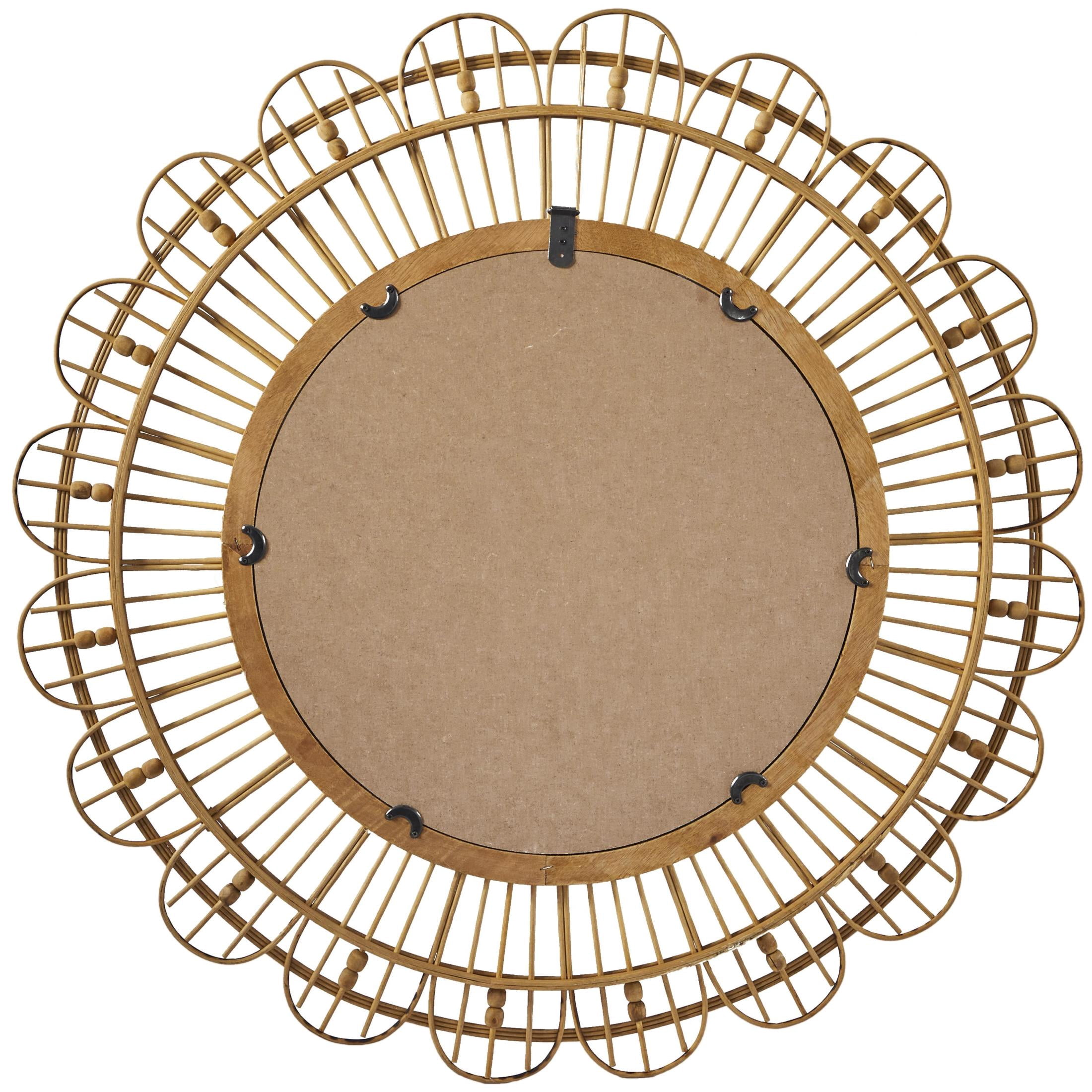 DecMode 35" x 35" Brown Handmade Woven Floral Wall Mirror with Beaded Accents