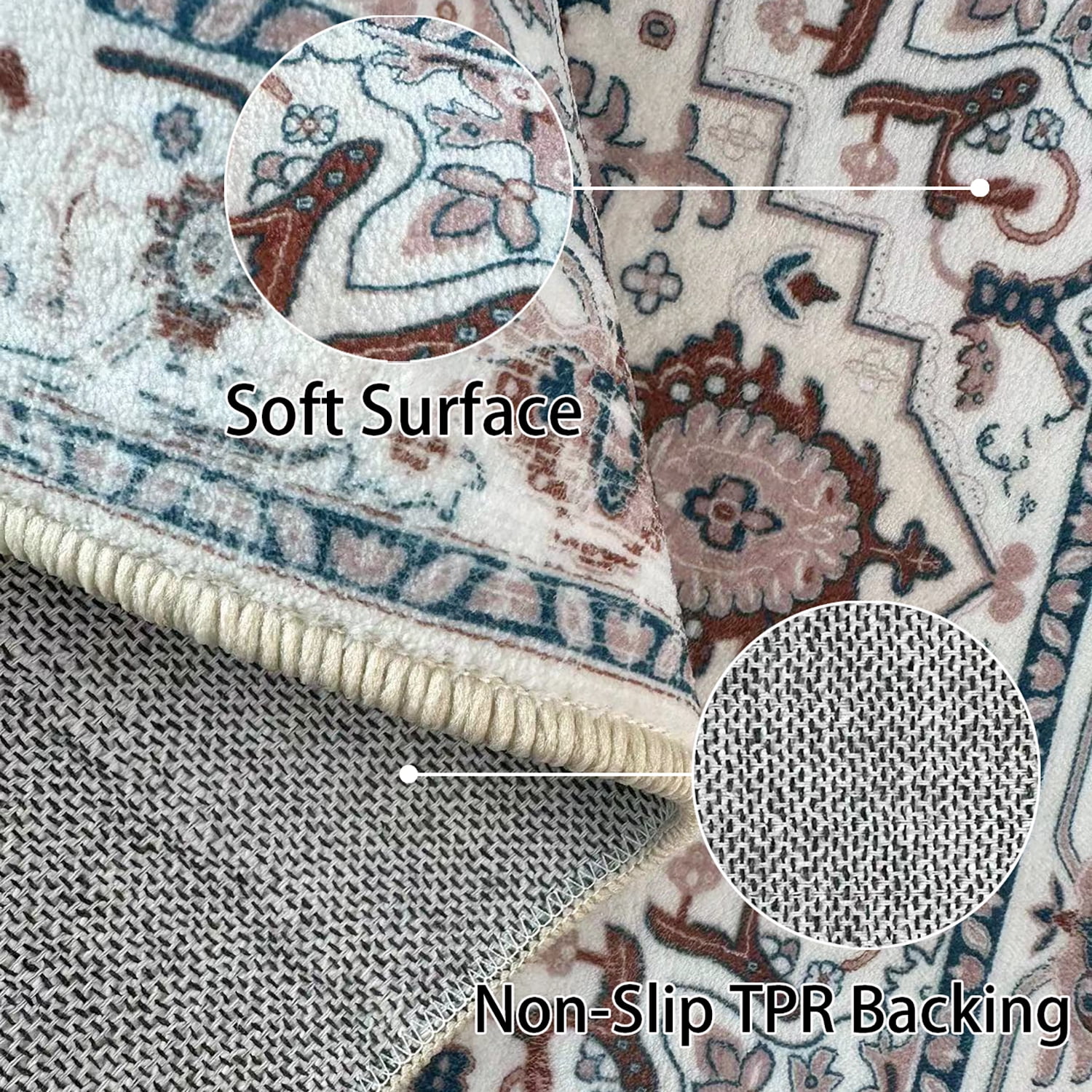 Yoneston 6' x 9' Vintage Bohemia Area Rug Machine Washable Bedroom Rug Soft Non-Slip with Printed Kitchen Mat for Living Room Playroom Dining Room Decoration, Creamy White