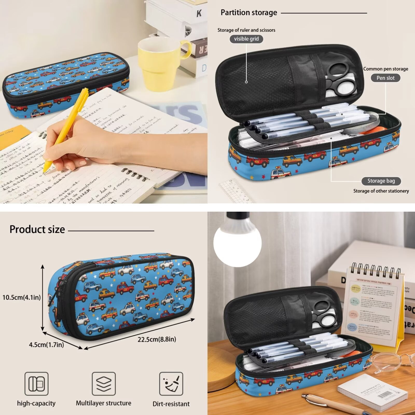 Pzuqiu Cartoon Car Print Back Pack for School Girls 4 pcs 17 Inch Kids Backpack Lunch Bag with Pencil Case,Cute Travel Rucksack Camping Schoolbag for Teens Middle School