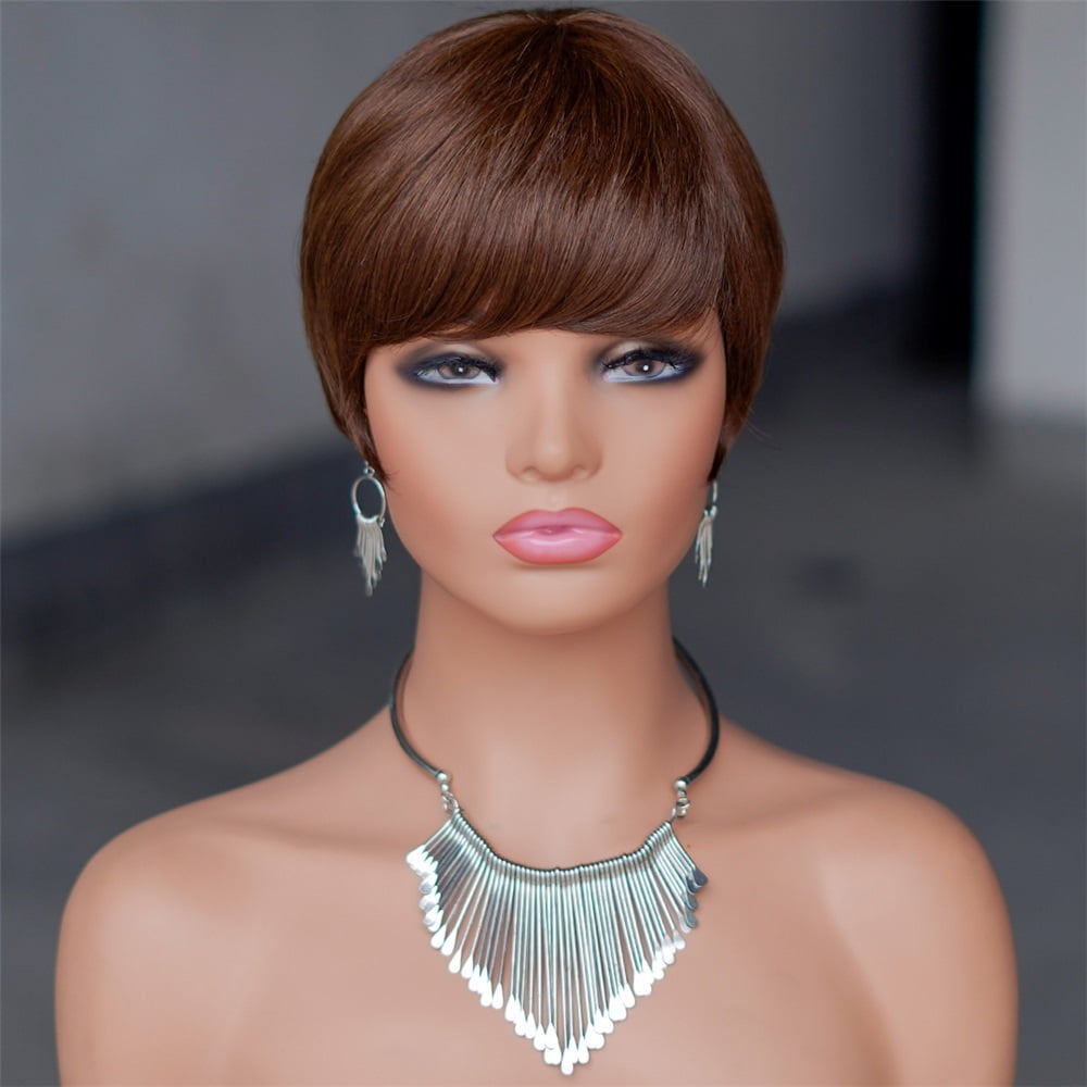 Short Brown Wig Chocolate Brown Human Hair Wigs Short Pixie Cut Wigs with Bangs
