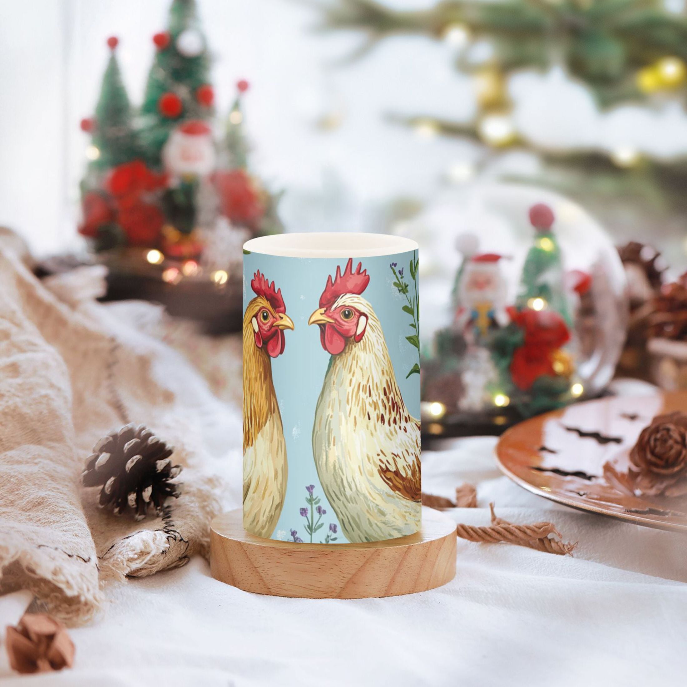 Two Chickens on Meadow Florals Flickering Flameless Candles LED Tealight Battery Operated with Remote Set of 2 Holiday Decor Ornaments