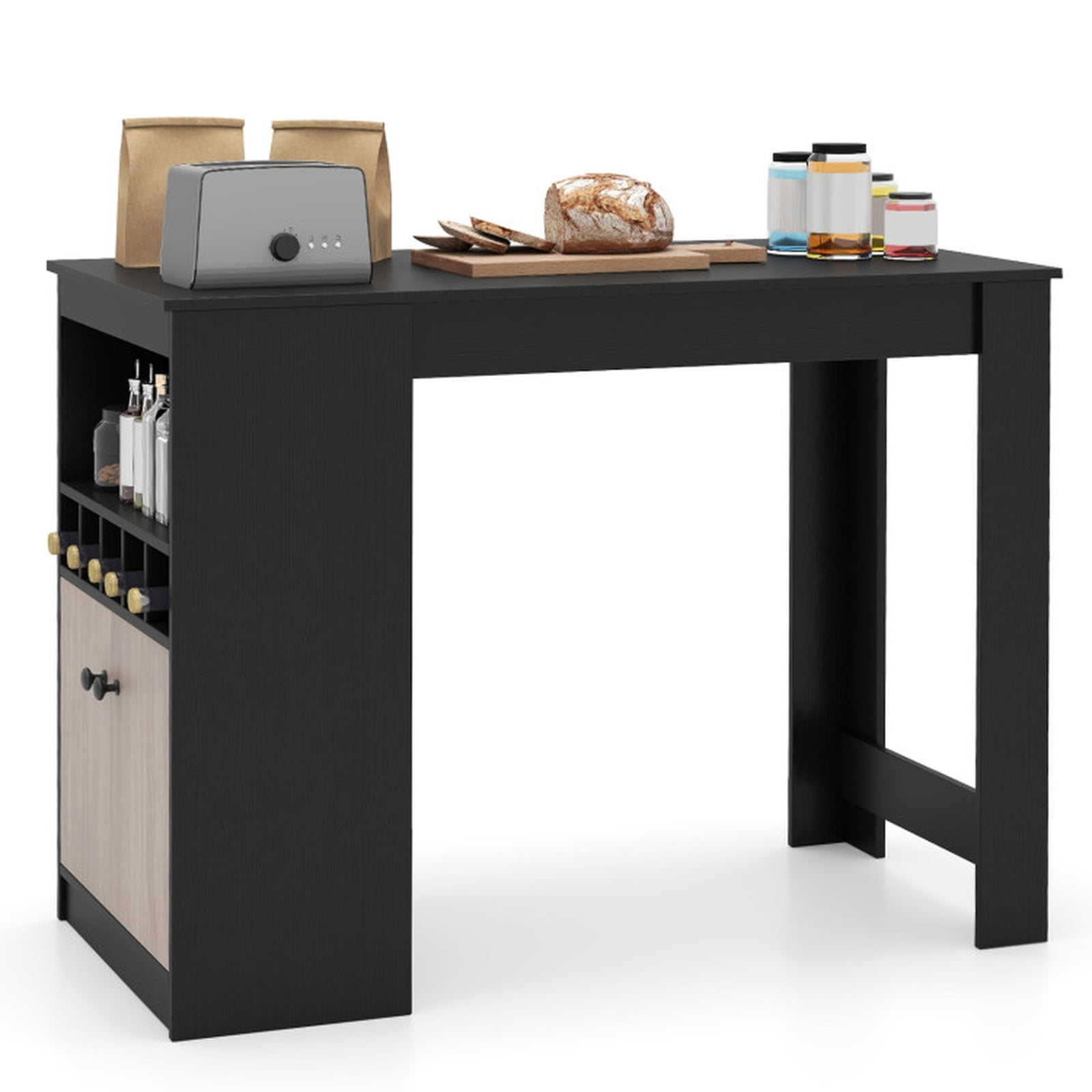 Furnibear 48 Inch Bar Table with Storage Cabinet and Wine Rack for Kitchen Dining Bar Bistro Pub Home Counter Height, Black
