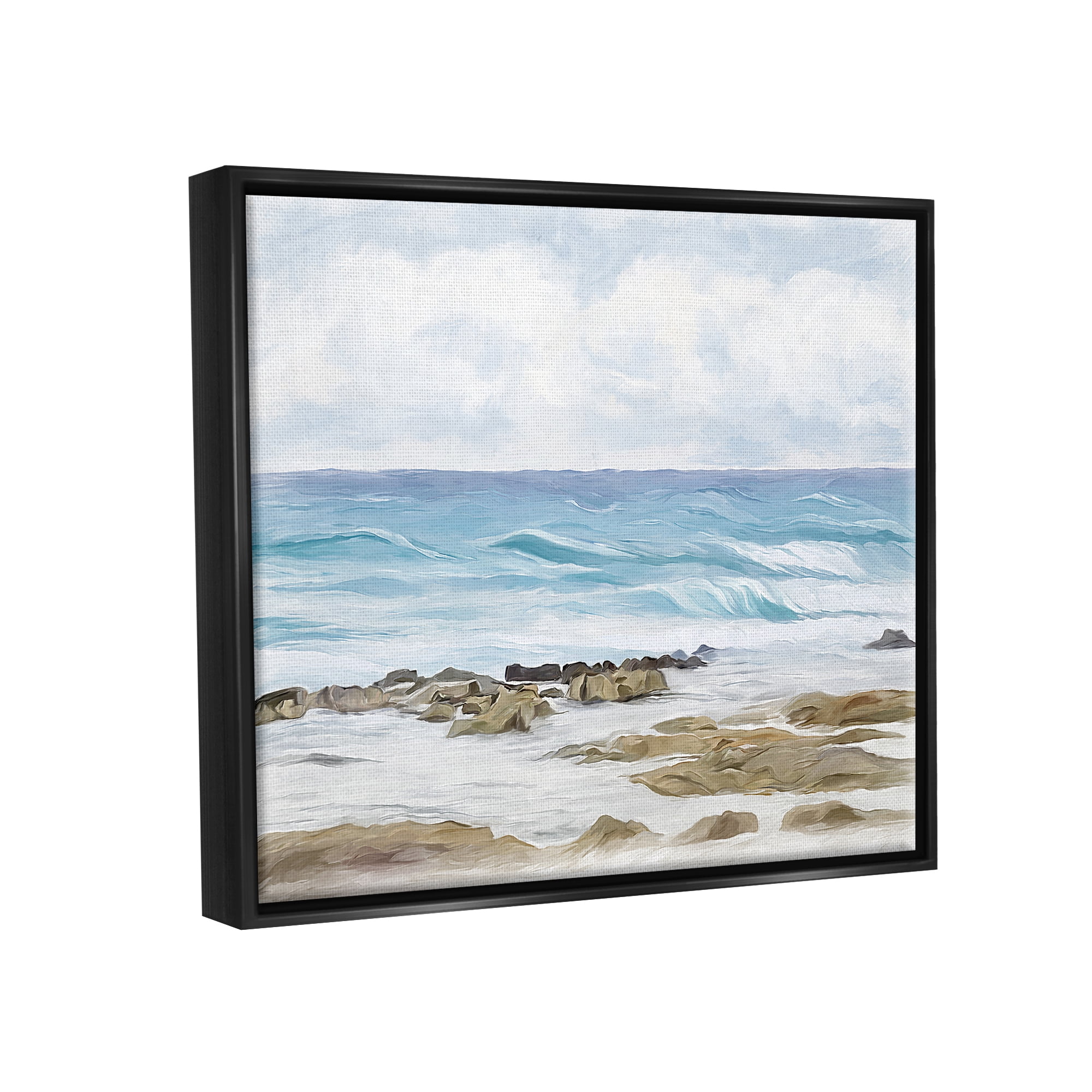 Stupell Industries Rocky Shore Beach Waves Landscape Painting Black Floater Framed Canvas Art Print Wall Art, 31 x 25