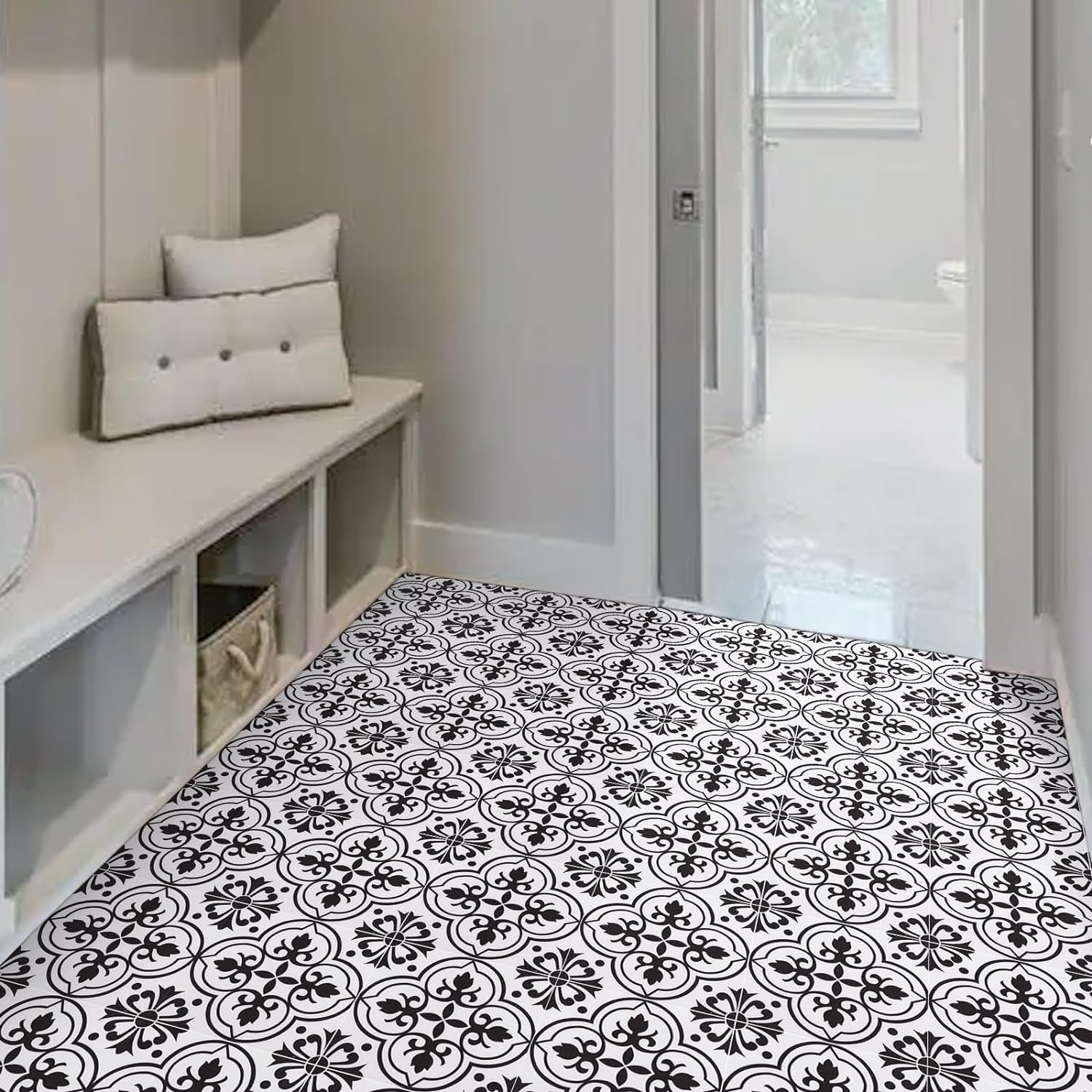 Lxcreat 20 Pcs Peel and Stick Floor Tile Flooring Black and White Flower, Vinyl Flooring 11.8-in x 11.8-in Self-Adhesive Removable for Bathroom/Kitchen
