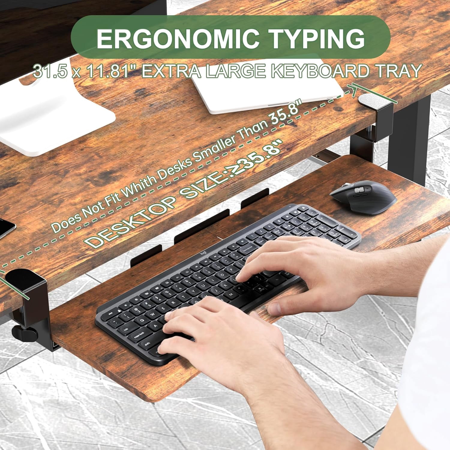 Extra Large Keyboard Tray Under Desk - Slide Out with Sturdy C-Clip Mount System, 31.5" (35.8" Including Clamps) x 11.8" Put-Out Keyboard Tray Computer Drawer for Ergonomic Typing