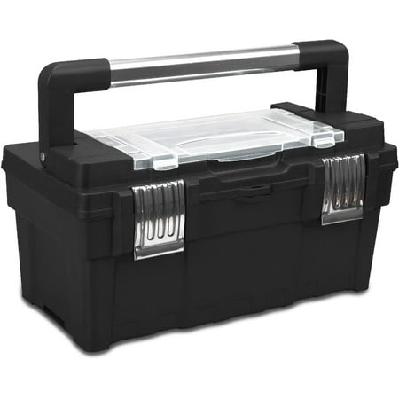 

Tool Organizer Box Durable Tool Storage Box with Portable Removable Tray Alum Alloy Handle Tool Box with 2 Metal Snap Lock