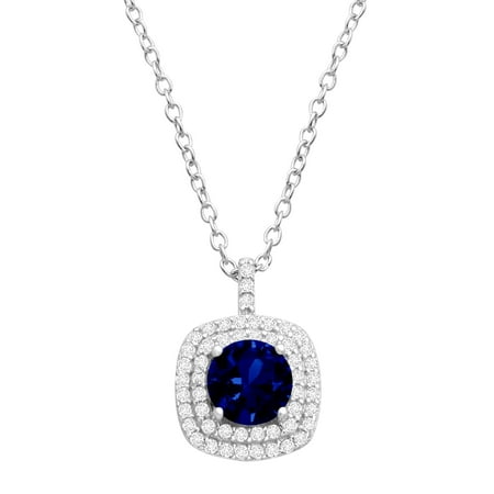 Graduated Blue Sapphire Pendant 1 1/3 ct Created Sapphire and Cubic Zirconia Halo Pendant Necklace in Sterling Silver, 18