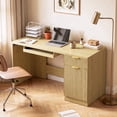 thumbnail image 2 of Waleaf 55" Computer Desk with Drawers & Storage Shelves, Modern Home Office Desk with Keyboard Tray, Sturdy Wood Study Writing Desk for Bedroom Living Room（Oak）, 2 of 8