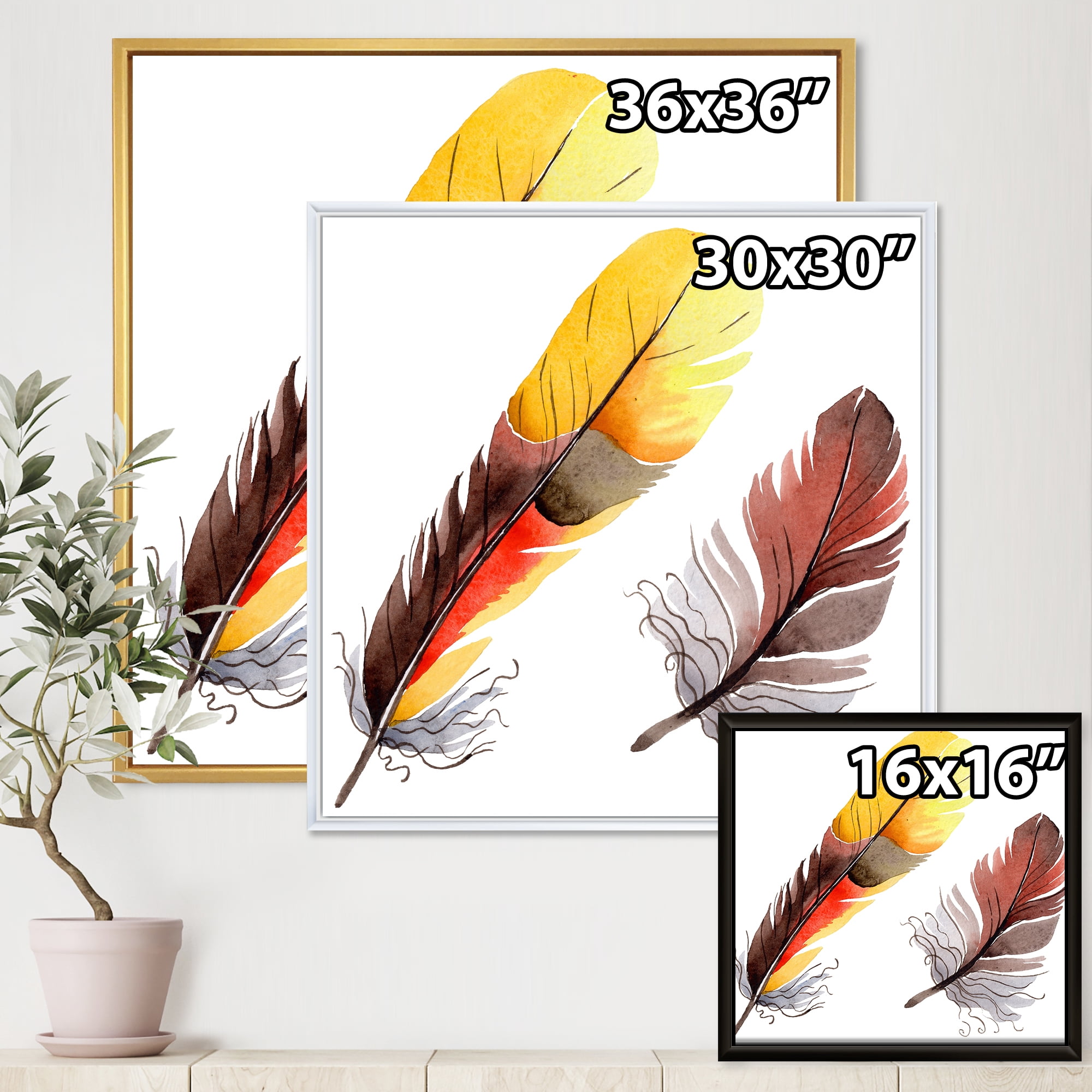 Designart 'Colourful Boho Art Feathers IV' Bohemian & Eclectic Framed Canvas Wall Art Print