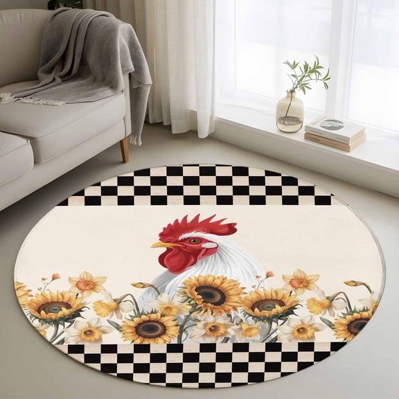Round Rug 3.3Ft Washable Non-Slip, Sunflowers Rooster Circle Area Rugs for Living Room Bedroom, Farmhouse Vintage Black White Plaid Indoor Floor Mats Carpet Runner for Home Decor Aesthetic
