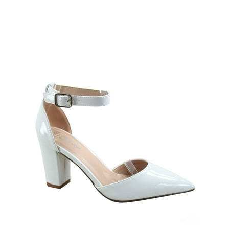 Songful-6 Women s Pointed Toe Ankle Strap Buckle Chunky High Heels Sandals Shoes ( White  7.5 )