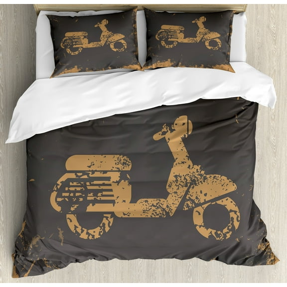 Grunge Duvet Cover Set, Retro Motorcycle with Murky Effects Vintage Sports Illustration Image, Decorative 3 Piece Bedding Set with 2 Pillow Shams, King Size, Charcoal Grey Pale Brown, by Ambesonne