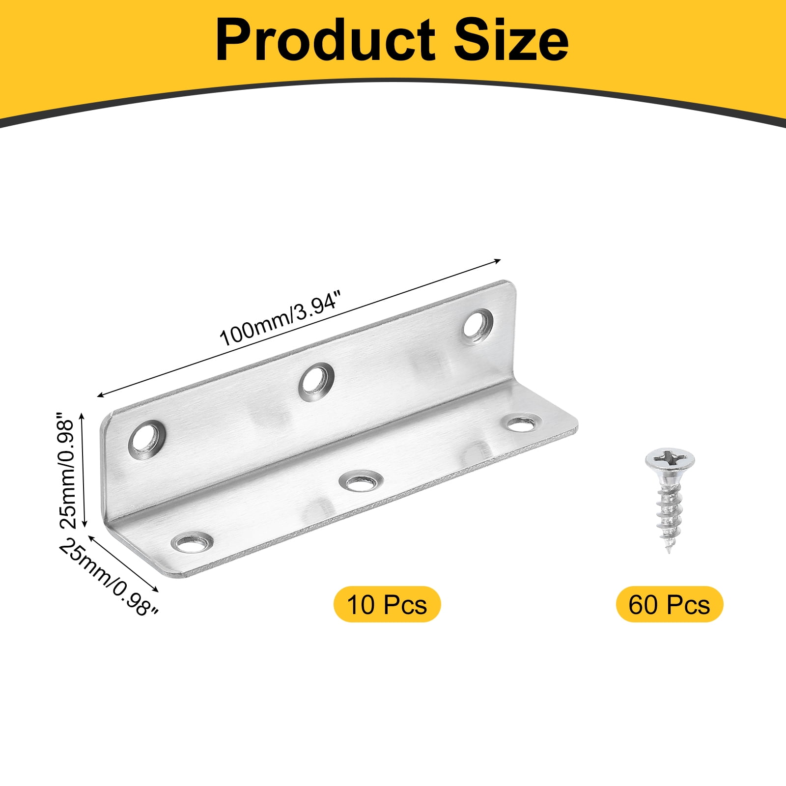 10Pcs L-Shaped Brackets Corner Brace, 0.98"x0.98"x3.94" Corner Bracket Shelf Bracket Right Angle Brackets for Wood Shelves Furniture (25x25x100mm, Silver)