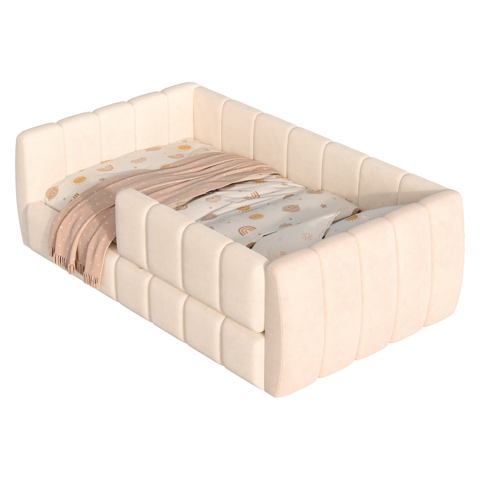 Euroco Upholstery Toddler Floor Bed with Guardrails, Beige