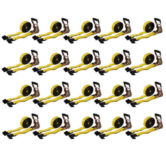 (20 Pack) Ratchet Tie-Down Straps with Flat Hooks, 2" x 30' Ratchet Straps Yellow for Flatbed, Truck, Trailers Pickup
