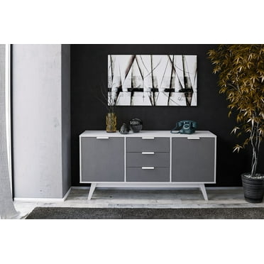 Polifurniture Shard 59 in. Sideboard with 2 Shelves & 3 Drawers, White & Gray