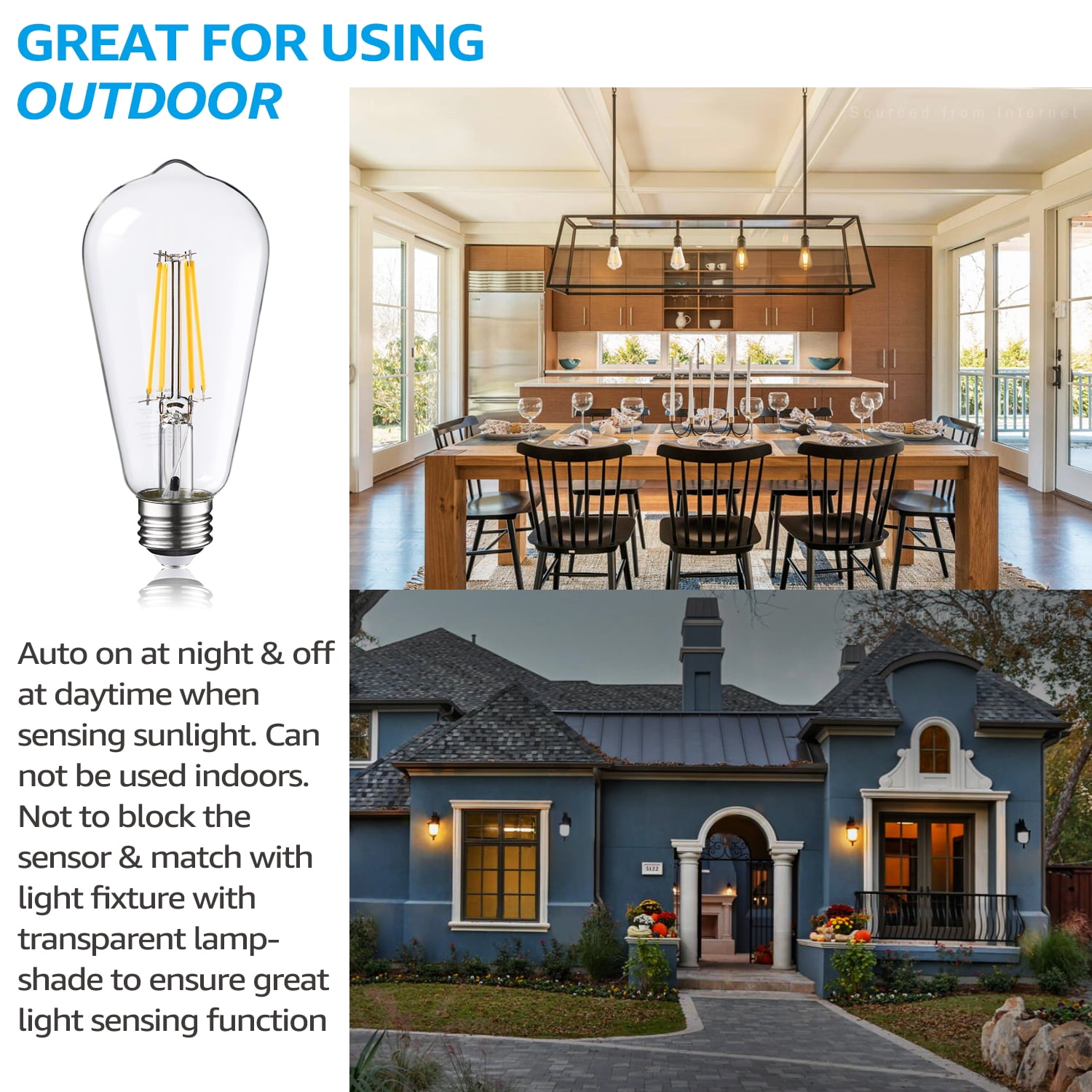 TorchStar ST19 LED 7W Vintage Edison Filament Bulb, Dusk to Dawn Photocell Sensor, E26 Base, ST64 Outdoor LED Bulb for Garden, Garage, Porch, Auto On/Off Lights, 2700K Soft White, Pack of 6