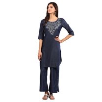 Round Neck Yarn-dyed Kurta - Dark Blue-XX Large