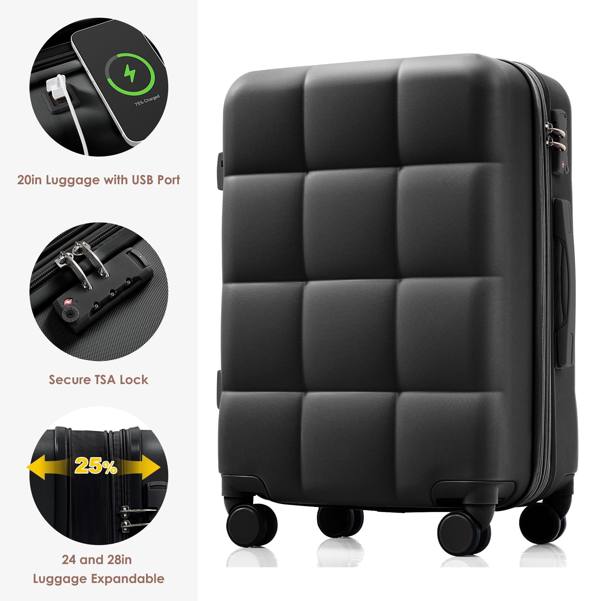 Euroco 4 Piece Luggage Sets,ABS Hardshell Suitcase Set with USB Port ,Cup Holder,Travel Bag and Spinner Wheels,Expandable Travel Luggage for Men Women(20"/24"/28"),Black