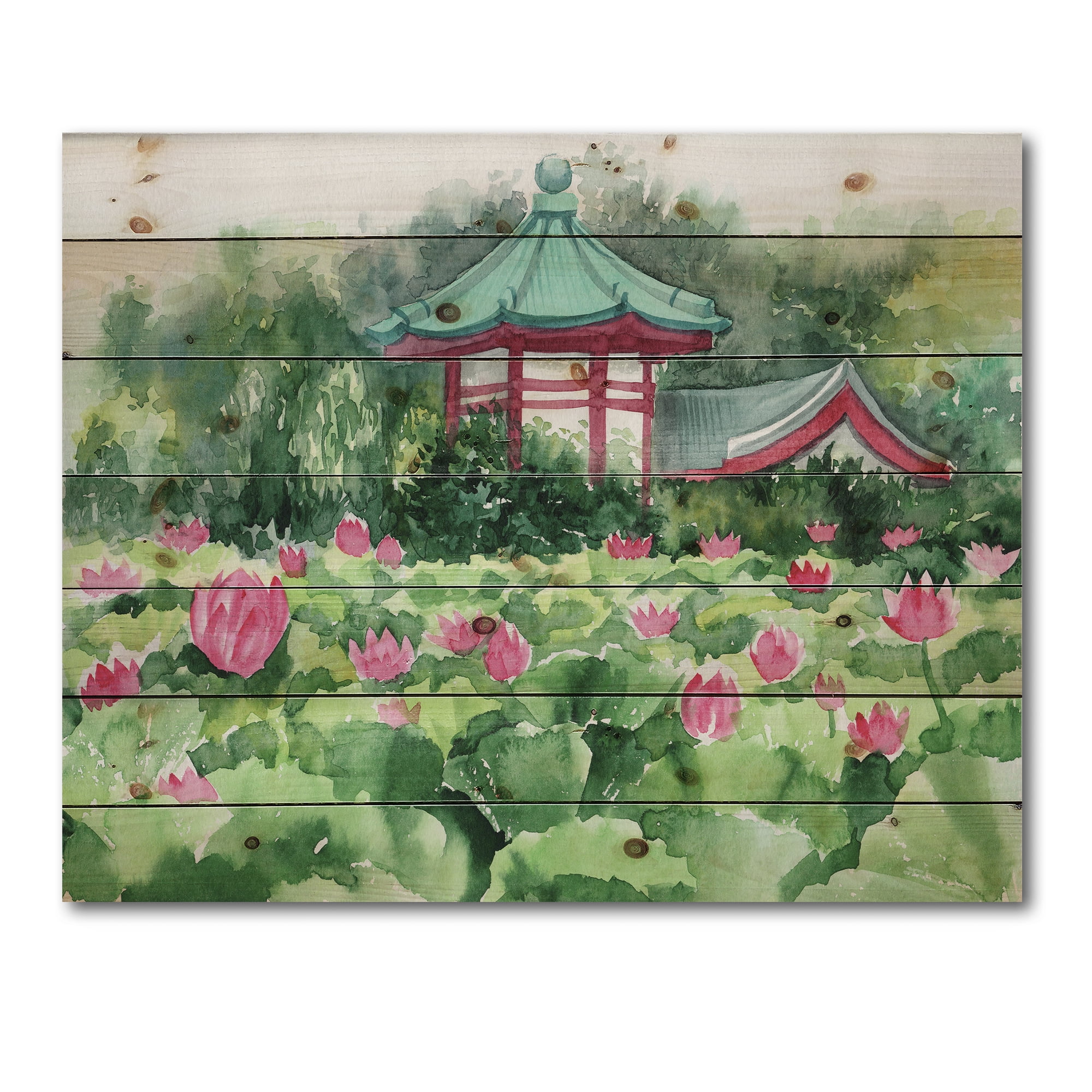 Designart 'Pagoda and Lotus Lake' Traditional Print on Natural Pine Wood
