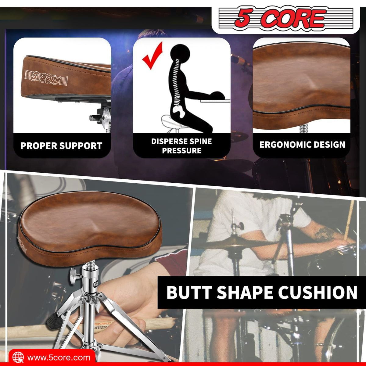 Drum Throne Padded Guitar Stool Adjustable Heavy Duty Saddle Music Chair Seat Universal for Adults & Kids with Anti Slip Rubber Feet  -Brown