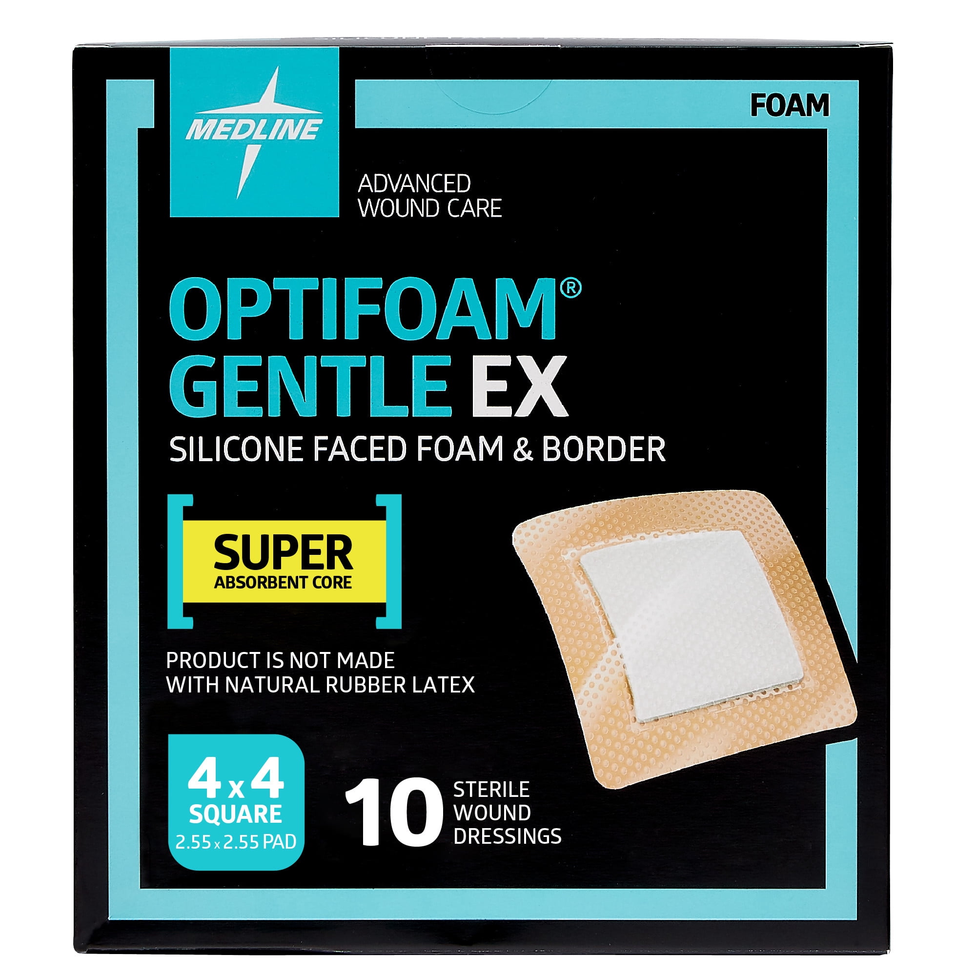 Optifoam Gentle EX Silicone-Faced Bordered Foam Dressing, 4" x 4", 10 Count