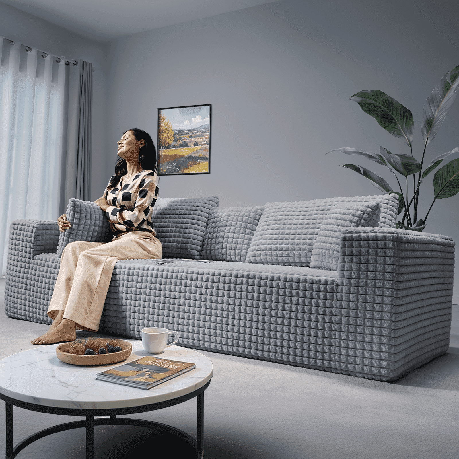 Patbrela 101" Couch for Living Room Furniture Diamond Boneless Sofa with 31-inch Extra Deep Seat, No Assembly, Gray