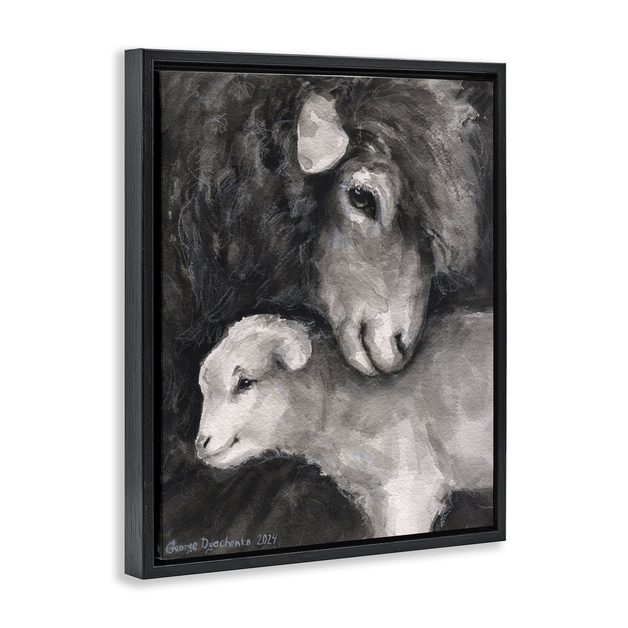 Stupell Industries Cuddling Sheep & Lamb Animals Painting Black Floater Framed Canvas Art Print Wall Art, 25 x 31