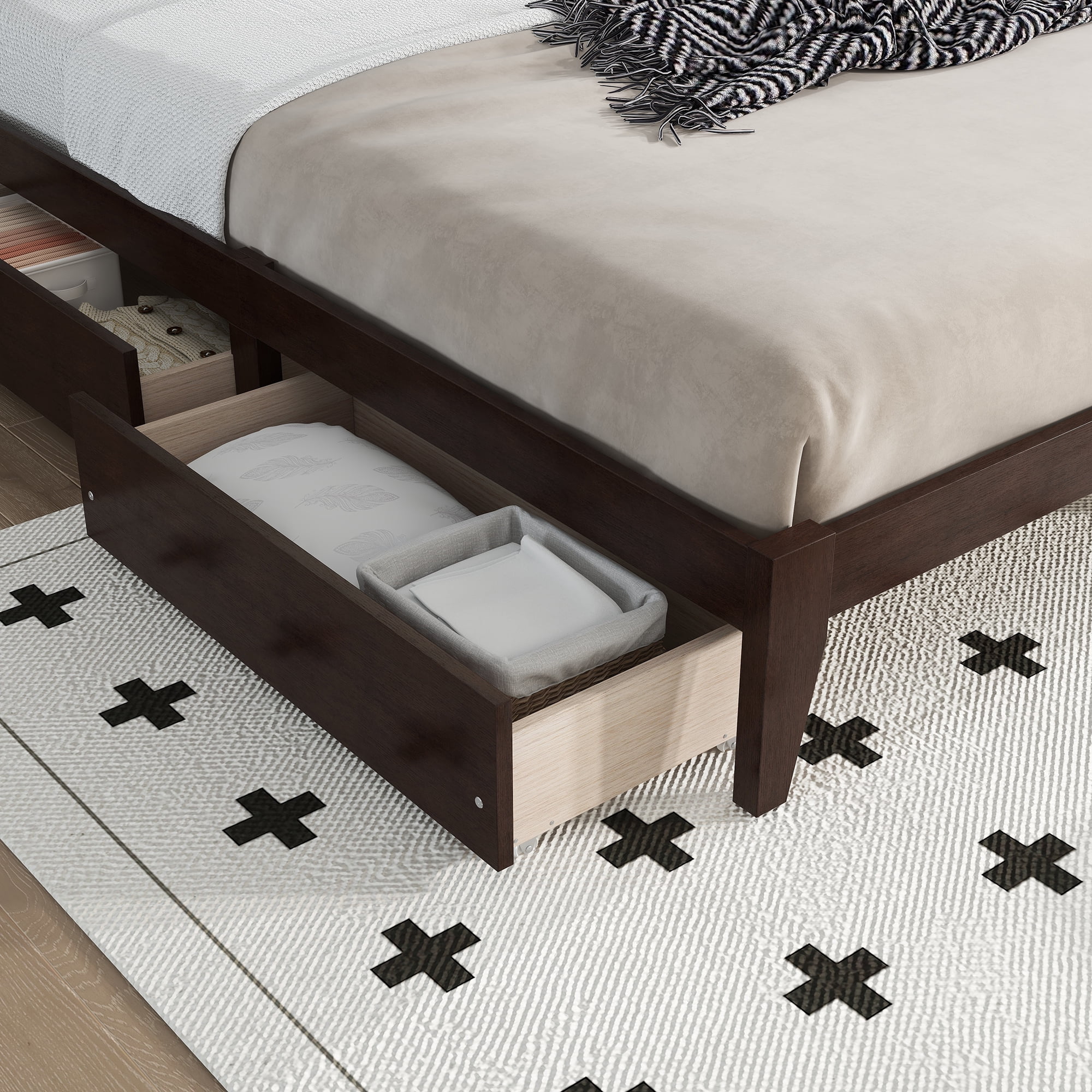 Leumius King Size Bed Frame with Rattan Headboard, Two Storage Drawers, Rubber Wood Bed with Enhanced Support Slats and Feet for Teens and Adults Espresso