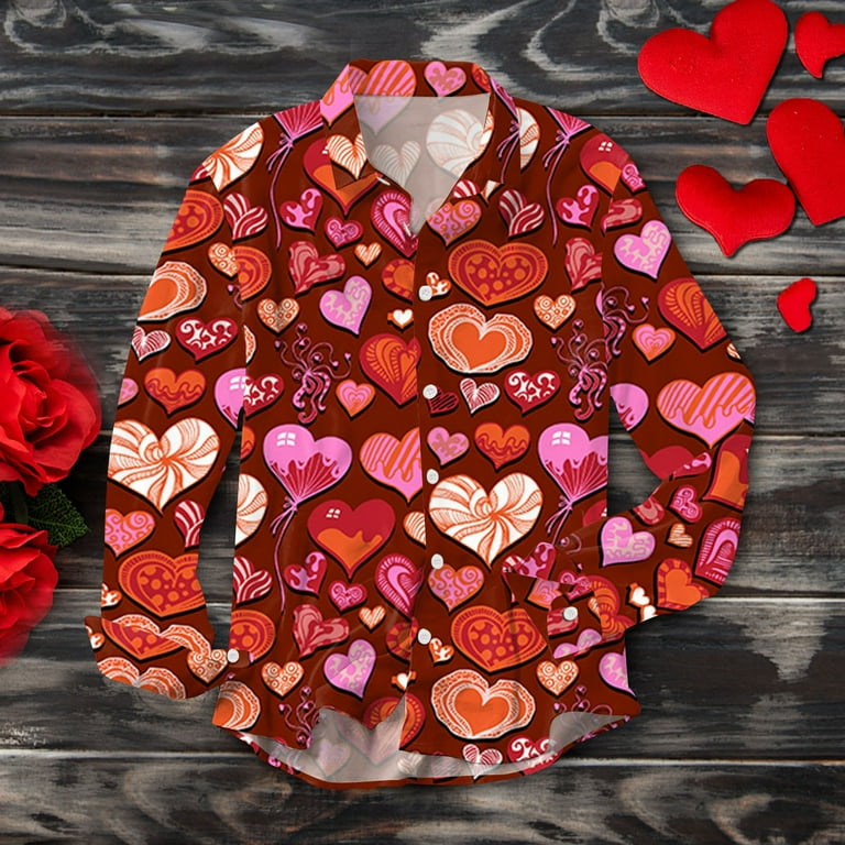 dress shirt with hearts Mens Valentines Day Shirts Fashion Love Heart 3D Print Beach Hawaiian Shirt for Men Loose Fit Lapel Button Down Dress Shirt